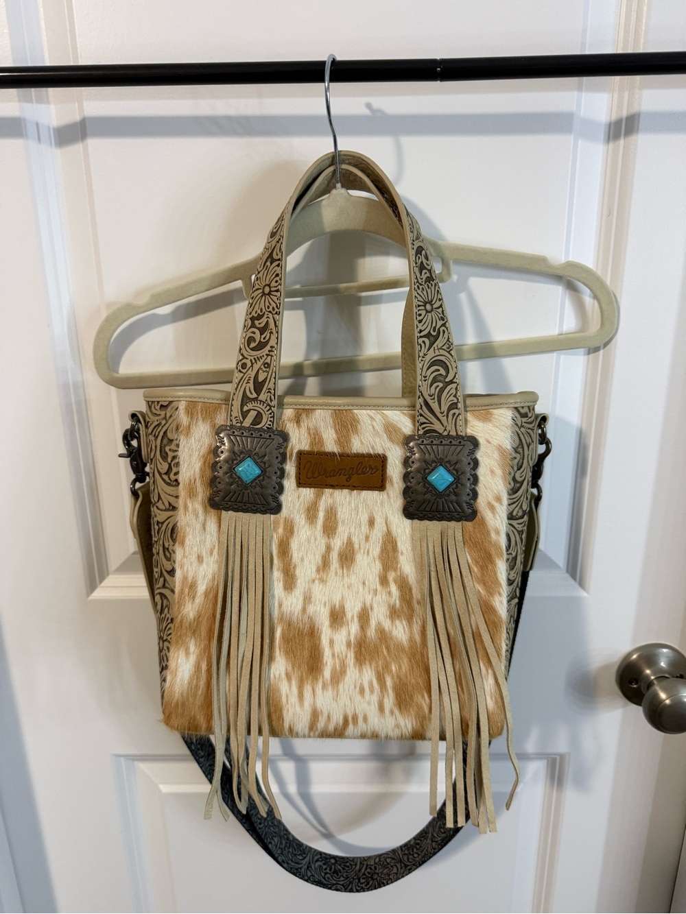 Wrangler Tan, White & Turquoise Cowhide Fringe Shoulder Bag